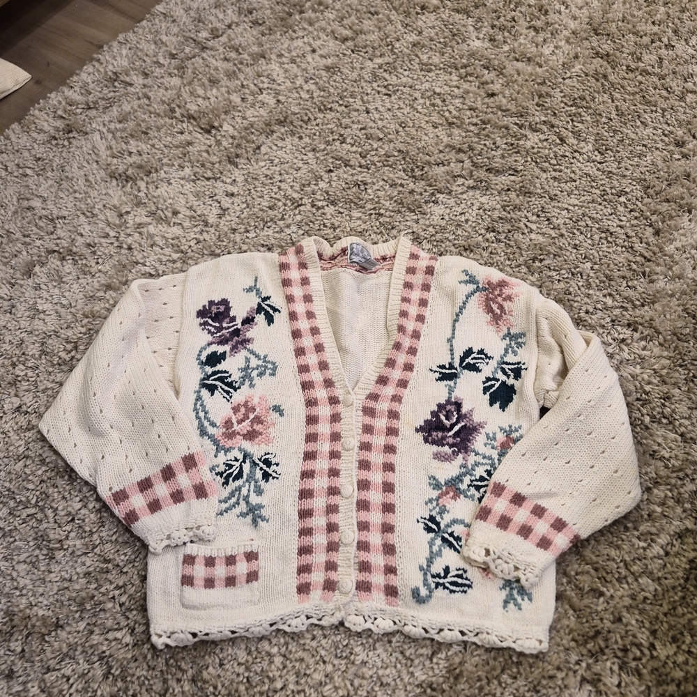 Vintage Paris Sport Club Floral Knit Cardigan Sweater - White and Pink Size L - Picture 2 of 4